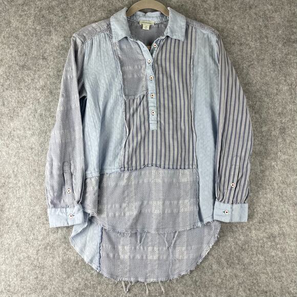 Sundance Top Womens XS Blue Patchwork High Low Raw Hem Boho Cottage Western - Picture 1 of 15